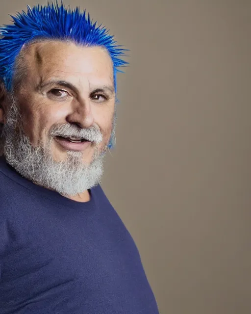 Image similar to A high-quality studio portrait of Sonic the Hedgehog as a middle-aged man with piercing eyes, bokeh, 90mm, f/1.4