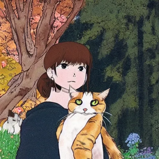 Prompt: a calico cat on a eurasian girl's shoulder miyazaki ghibli