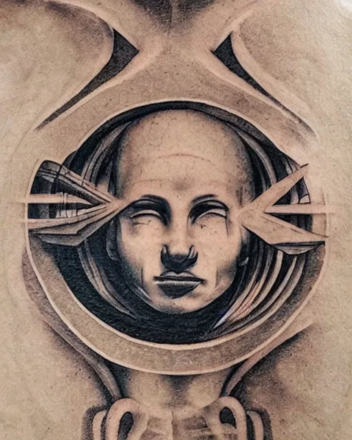 Image similar to planets coming out from the top of a broken renaissance head statue, tattoo design, hyper - realistic, in the style of tony santos