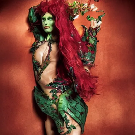 Image similar to A beautiful portrait of Charlotte Di Calypso as Poison Ivy from Batman as a Versace fashion model Spring/Summer 2010, highly detailed, in the style of cinematic, Getty images, Milan fashion week backstage, Makeup by Pat McGrath, Hair by Guido Palau, Greg rutkowski