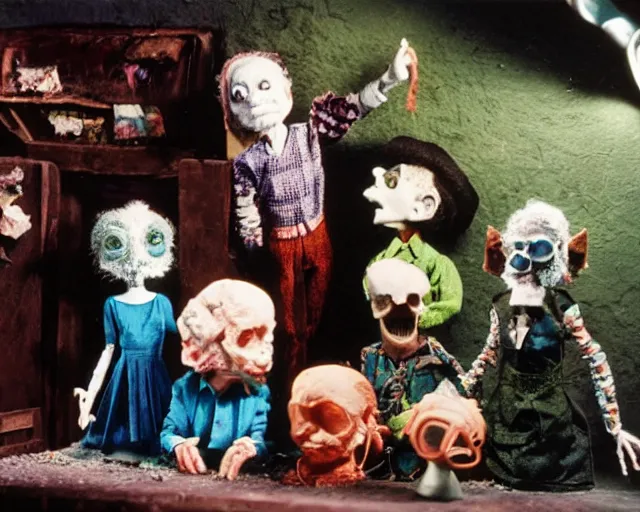 Image similar to still from a full - color 1 9 8 5 cute live - action stop - motion puppetry film by the brothers quay, involving cotton and gemstones, inside elaborate dioramas.