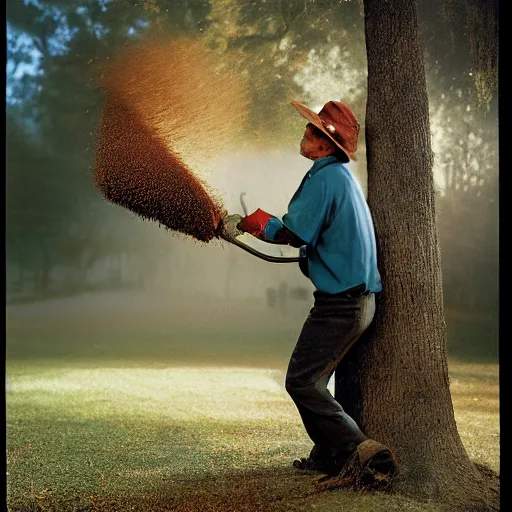 Image similar to closeup portrait of a man with a leafblower fighting a tree, by Steve McCurry and David Lazar, natural light, detailed face, CANON Eos C300, ƒ1.8, 35mm, 8K, medium-format print