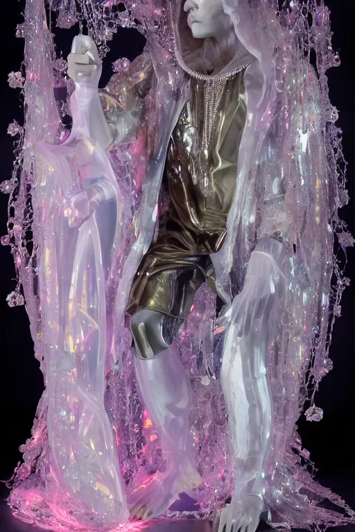 Image similar to full-body rococo and cyberpunk delicate crystalline sculpture of a muscular iridescent slender Spanish male as a humanoid deity wearing a thin see-through ((plastic hooded cloak)) sim roupa, reclining con las piernas abiertas, glowing pink face, crown of white lasers, large diamonds, swirling black silk fabric. futuristic elements. oozing glowing liquid, full-length view. space robots. human skulls. throne made of bones, intricate artwork by caravaggio. Trending on artstation, octane render, cinematic lighting from the right, hyper realism, octane render, 8k, depth of field, 3D