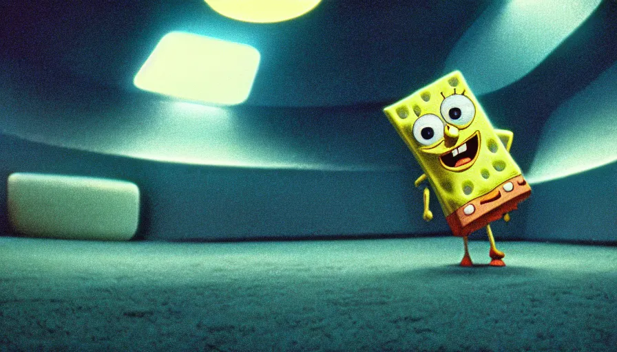 Image similar to 1 9 6 0 s movie still of spongebob, 2 0 0 1 a space odyssey, cinestill 8 0 0 t 3 5 mm, high quality, heavy grain, high detail, panoramic, cinematic composition, dramatic light, ultra wide lens, anamorphic, flares