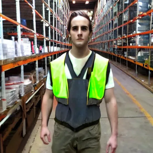 Image similar to photo, close up, emma watson in a hi vis vest, in warehouse, disposable camera,