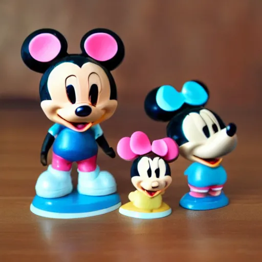 Image similar to product photograph of cute vintage disney figurines, cute, chibi, popular, collectible, toys figures, mickey mouse, miney mouse, pluto, kawaii, toys, white background,