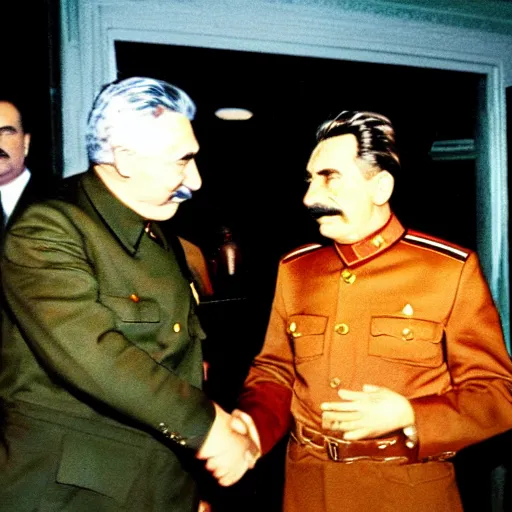 Image similar to color photo of stalin and trump shaking hands, award winning photo, 3 5 mm camera