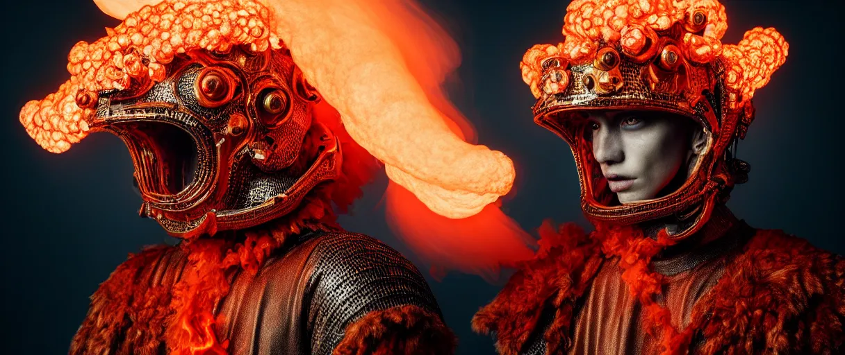 Image similar to hyperrealist highly detailed english medieval portrait of high fashion monster wearing flame fire smoke flame armor, radiating atomic neon corals, concept art pascal blanche dramatic studio lighting 8k wide angle shallow depth of field