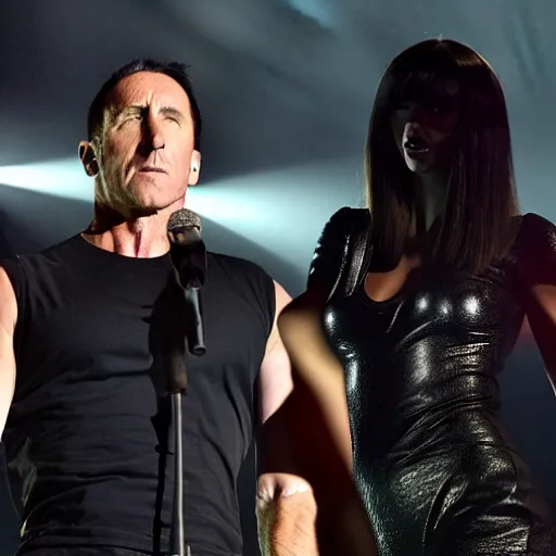 Prompt: trent reznor performing on stage with taylor swift. cinematic 8 k