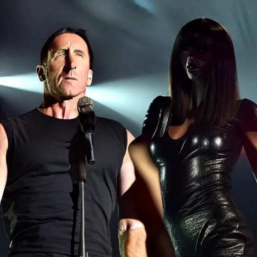 Image similar to trent reznor performing on stage with taylor swift. cinematic 8 k