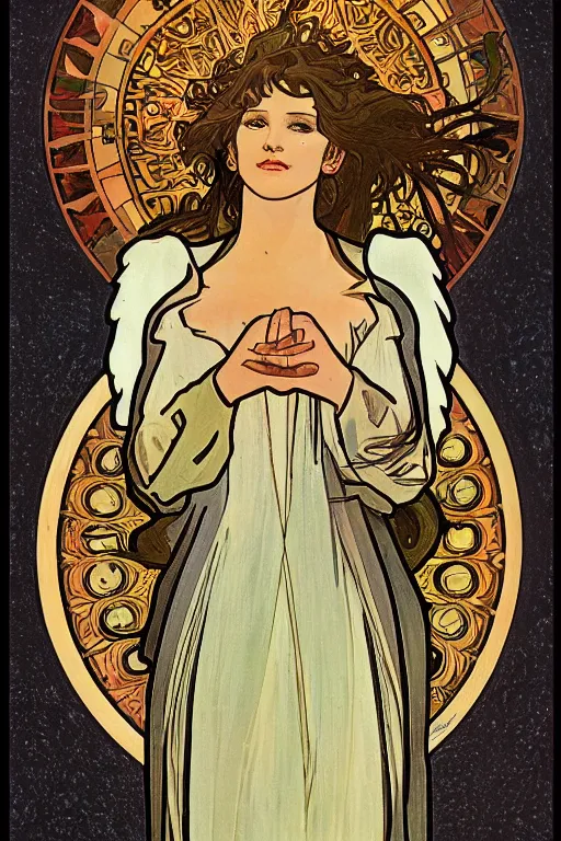 Image similar to Angel with Ring of light behind her, in the style of Alphonse Mucha