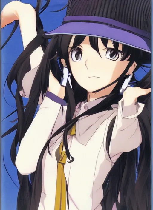 Prompt: key anime visual of a beautiful girl wearing a beige beret and blue shirt; long black hair; anime; drawn by Shigenori Soejima; 3 tone colors