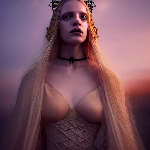 Image similar to photographic portrait of a stunningly beautiful gothic hermetic order of the golden dawn female in soft dreamy light at sunset, contemporary fashion shoot, by edward robert hughes, annie leibovitz and steve mccurry, david lazar, jimmy nelsson, breathtaking, 8 k resolution, extremely detailed, beautiful, establishing shot, artistic, hyperrealistic, beautiful face, octane render