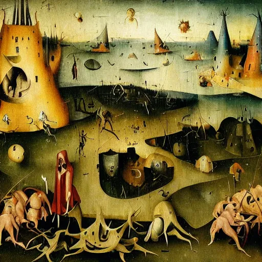 Prompt: a framed painting of a hieronymus bosch hellish landscape