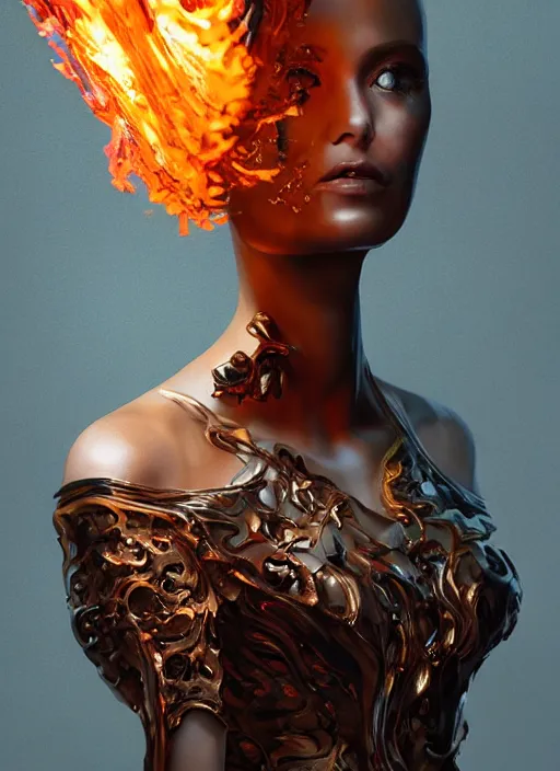 Image similar to sculpture made of flame, portrait, female, future, torch, fire, harper's bazaar, vogue, fashion magazine, intricate, concept art, close up, ornate, luxury, elite, elegant, trending on artstation, by ruan jia, by Kenneth Willardt, by ross tran, by WLOP, by Andrei Riabovitchev,