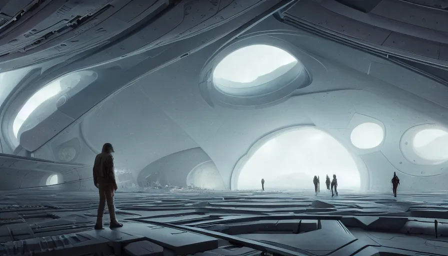 Prompt: the inside of a monument with space motifs, by tim blandin and arthur haas and bruce pennington and john schoenherr, big windows architecture by zaha hadid, octane render, cinematic, scenery, cgsociety, modernism, futuristic, trending on artstation, sci - fi, high detail, high quality, close up angle, people walking