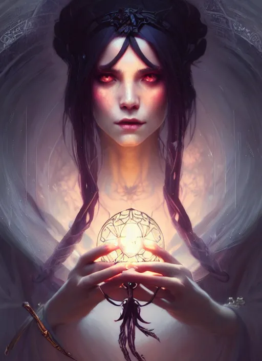 Prompt: a beautiful cinematic female Necromancer Sorceress, fantasy landscape, fantasy magic, undercut hairstyle, dark light night, intricate, elegant, sharp focus, illustration, highly detailed, digital painting, concept art, matte, art by WLOP and Artgerm and Greg Rutkowski and Alphonse Mucha, masterpiece