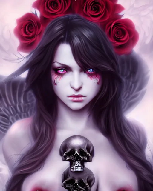 Image similar to dark angel surrounded by dark roses and skulls, very detailed, realistic face, detailed face, matte, tonemapping, bbwchan, perfection, 4 k, atmospheric, cushart krenz