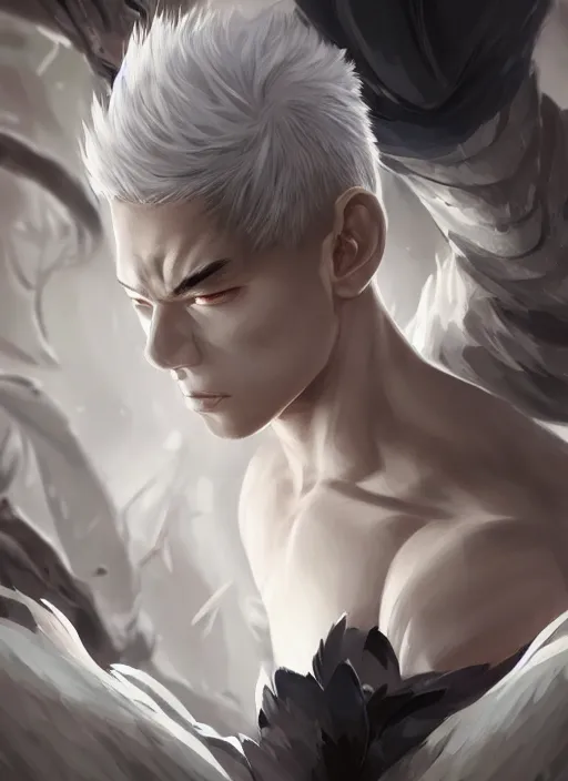 Image similar to a highly detailed illustration of fierce short white haired parted through the middle young attractive asian man, wearing hakama, with black sclera eyes, heroically posing, muscular, intricate, elegant, highly detailed, centered, digital painting, artstation, concept art, smooth, sharp focus, league of legends concept art, WLOP