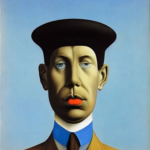 Prompt: a man with a beehive instead of a face, surrealist painting by rene magritte. mysterious, ominous