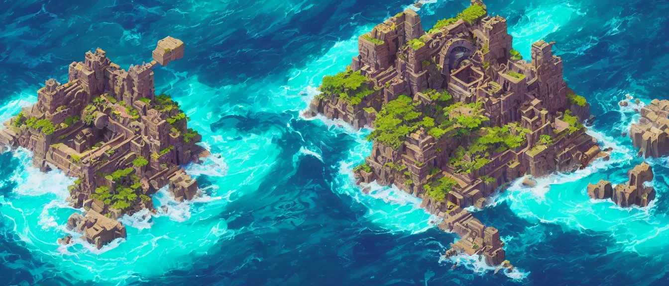 Prompt: isometric aztec ruins on a colorful ocean, unreal engine, fantasy art by greg, loish, rhads, ferdinand knab, makoto shinkai, lois van baarle, ilya kuvshinov, rossdraws, tom bagshaw, global illumination, radiant light, highly detailed and intricate environment, trending onstudio ghibli, octane render, 8 k