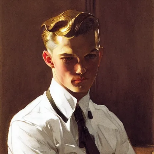 Prompt: a young man unaware of his own beauty, surrounded by covetous eyes and longing silhouettes, J. C. Leyendecker, 1906