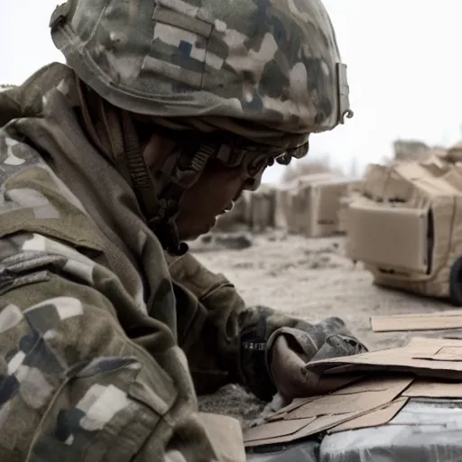 Image similar to an soldier hiding under cardboard box, in middle of war, cinematic