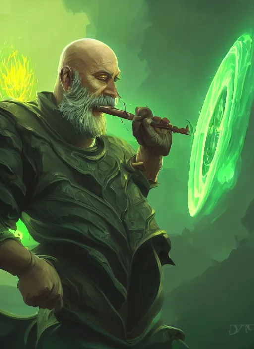 Image similar to a highly detailed illustration of bald old man smoking with green glowing eyes, dramatic standing pose, nuclear background, intricate, elegant, highly detailed, centered, digital painting, artstation, concept art, smooth, sharp focus, league of legends concept art, wlop.