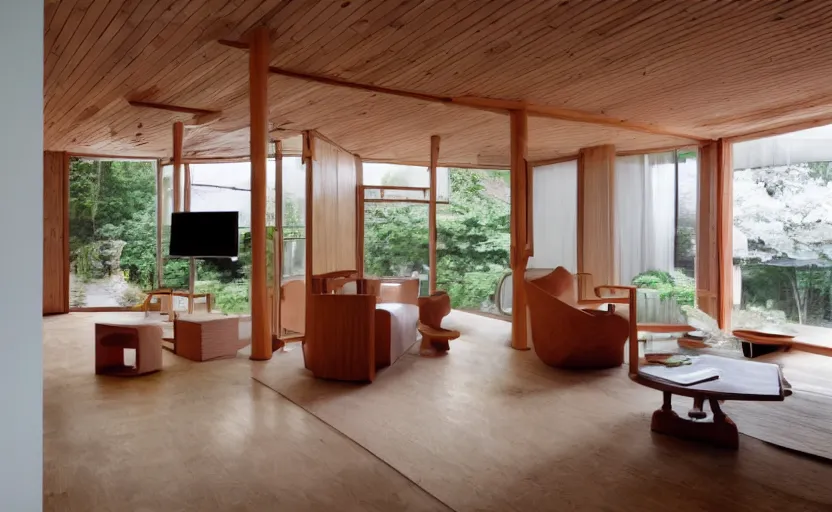 Image similar to luxurious wooden cottage by alvar aalto, modern japanese living room, japanese flower arrangements, coherent composition, architecturally accurate, architecture photography