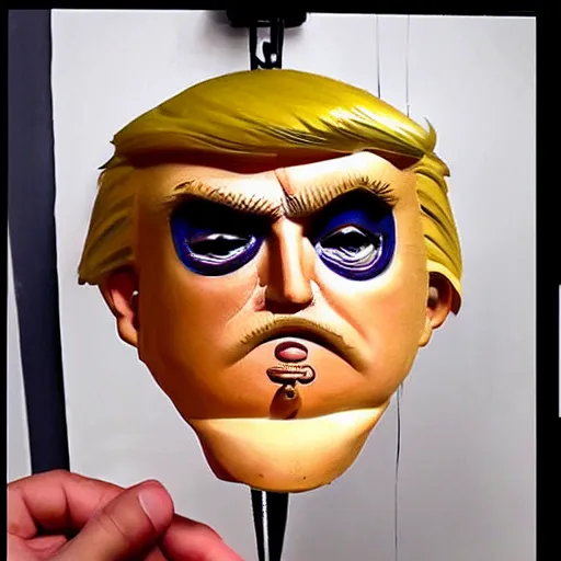 Image similar to a cuckoo clock that looks like donald trump, artistic, high quality, trending on art station, colorful, amazing, funny