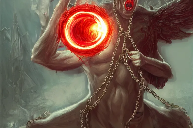 Image similar to lucifer, dark angel, red eyes, chain, handcuffs, large chain, wide open mouth, scream, sad, cruelty, sea bottom, light effect, hyper detailed, elegant, highly detailed, digital painting, artstation, concept art, matte, sharp focus, illustration, by dan mumford, yusuke murata, makoto shinkai, ross tran