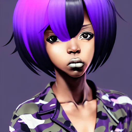 Image similar to portrait of black anime manga girl, boxer punch pose, french bob hair!!!!!, white hair, wearing camo, purple eyes, by gustave dore, vaporwave colors, lofi colors, vaporwave, lofi, goth vibe, 4 k, smooth, hd, substance designer render, full body character concept art, 2 point lighting,