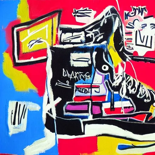 Image similar to basquiat oil painting of cyber balenciaga sneakers,