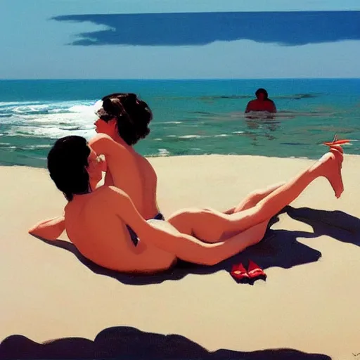 Prompt: couples at the beach by jack vettriano, artstation.