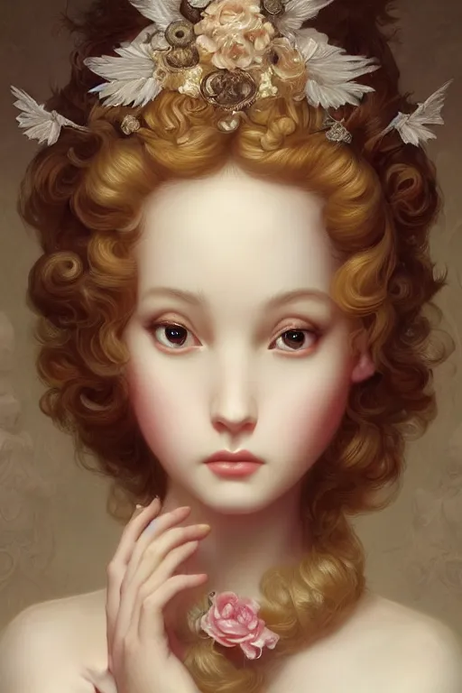 Image similar to pop surrealism, rococo, baroque hair, angelic young female seductive - fine - face, pretty face, key visual, realistic shaded perfect face, fine details by stanley artgerm lau, wlop, mark ryden, andrei riabovitchev, marc simonetti, and sakimichan, trending on artstation