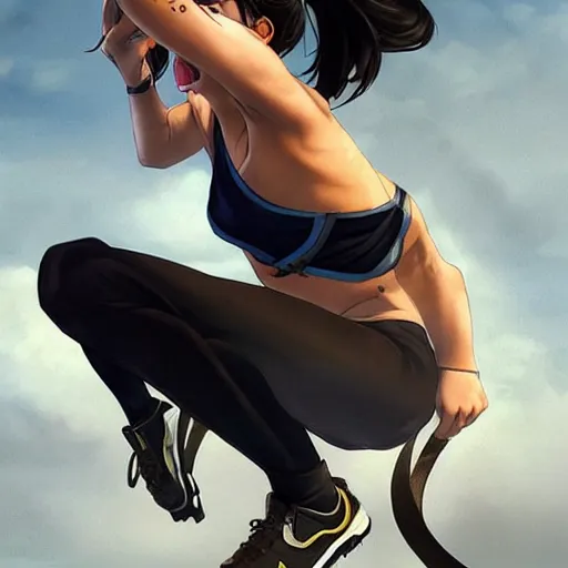 Prompt: cassandra cain wearing a sports bra!!!! laying in bed!!!, giggling, beautiful face!!!!, 2 7 years old, cg animation, lifelike, animated, realistic, by artgerm, greg rutkowski, 3 d