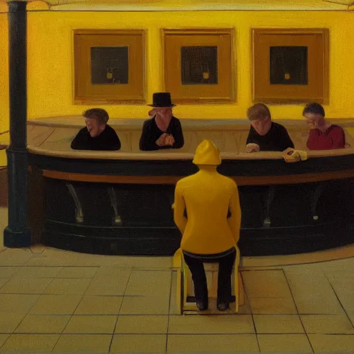 Image similar to a portrait of a lonely man in a leather jacket sitting in a bar full of people, the other people are all dressed in yellow protective suits, in the style of edward hopper, 4 k,