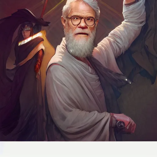 Prompt: david letterman as old obi wan kenobi, art by artgerm and greg rutkowski and charlie bowater and magali villeneuve and alphonse mucha