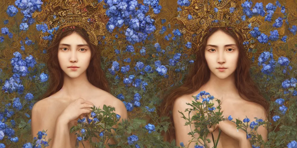 Image similar to breathtaking detailed concept art painting portrait of the goddess of nemophila flowers, orthodox saint, with anxious piercing eyes, ornate background, amalgamation of leaves and flowers, by hsiao - ron cheng, extremely moody lighting, 8 k