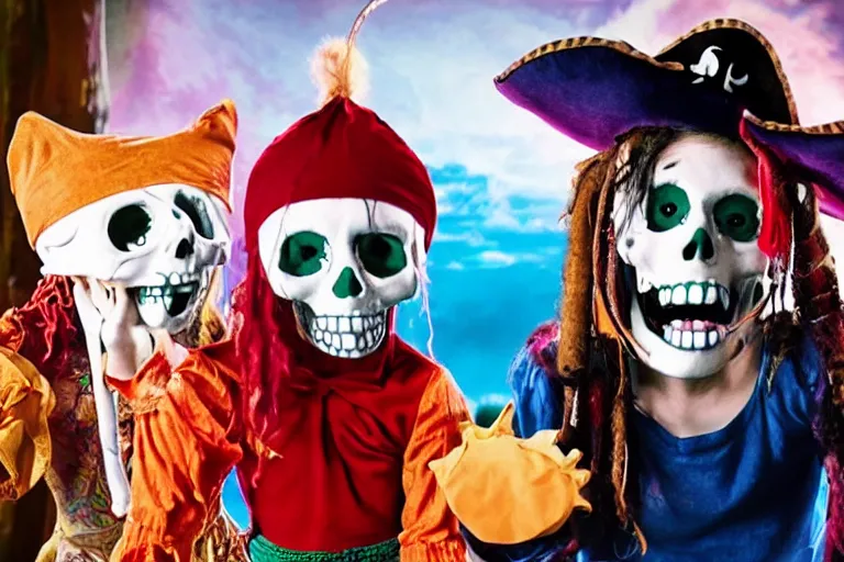 Prompt: a full color still frame from a freaky live action kids tv show about pirate kitten, skull puppet and a sad dumb ghost, tickle fight