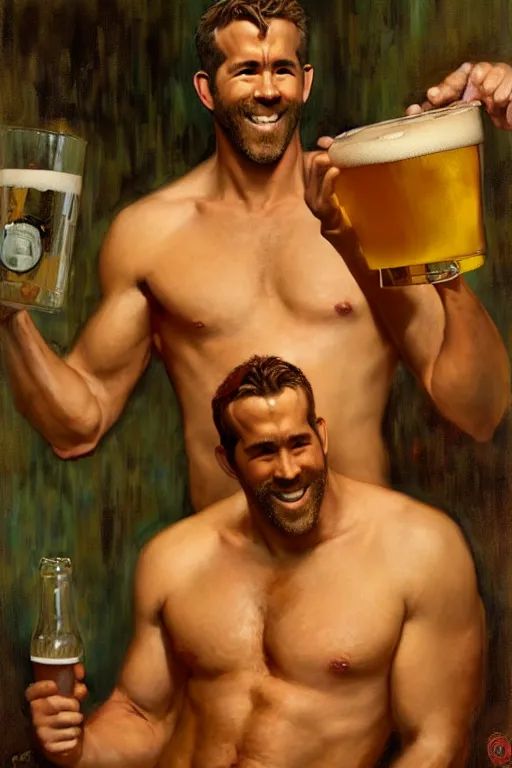 Prompt: ryan reynolds brewing beer painting by gaston bussiere, craig mullins, j. c. leyendecker, tom of finland