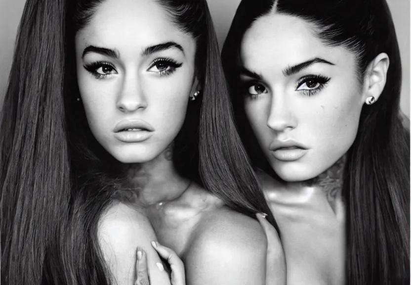Image similar to award winning photo of Ariana Grande with Megan Fox, symmetrical face by Sally Mann & Arnold Newman