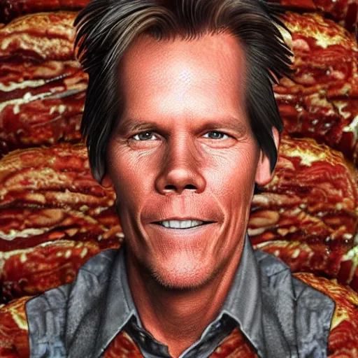 Image similar to ultra detailed kevin bacon on a slice of bacon in a hamburger rendered by octane digital painting inspired by arcimboldo