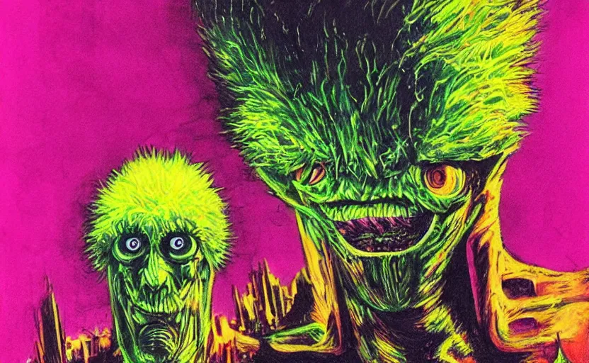 Prompt: a tennis ball monsters in blade runner, colorful, digital art, fantasy, magic, chalk, trending on artstation, ultra detailed, professional illustration by basil gogos