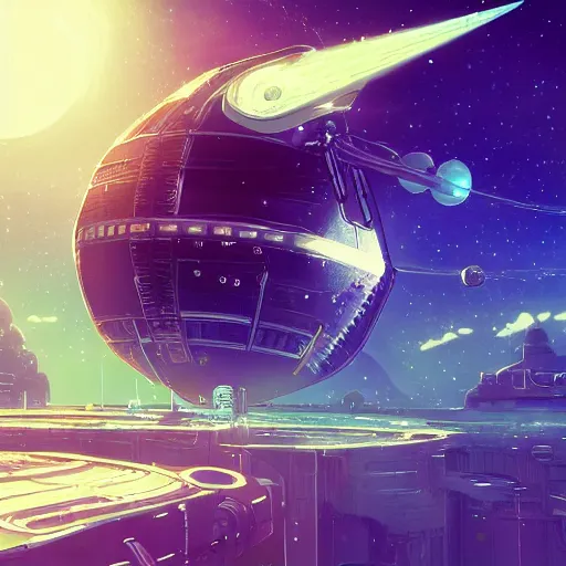 Image similar to steampunk futuristic spaceship, space, stars, moon, extremely detailed, particles, steam, cinematic lighting, anime, studio ghibli, cyberpunk, retro, reflective,