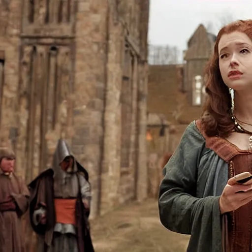 Image similar to scene from a 2 0 1 0 film set in 1 3 0 0 showing a woman using a mobile phone