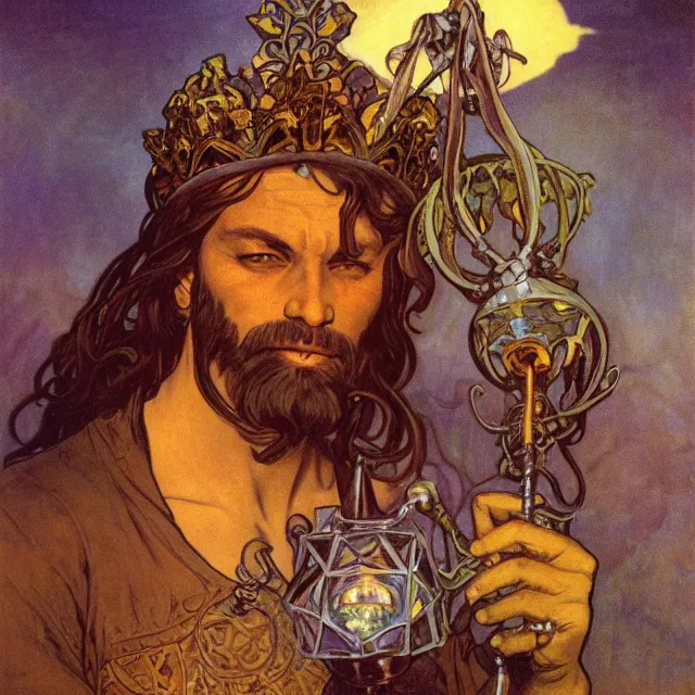 Prompt: an aesthetic! a detailed portrait of a man in a long beard, with a crown, holding a lantern with mountains of gold in the background, black birds flying overhead!! by frank frazetta and alphonse mucha, oil on canvas, art nouveau dungeons and dragons fantasy art, hd, god rays, ray tracing, crisp contour lines, huhd