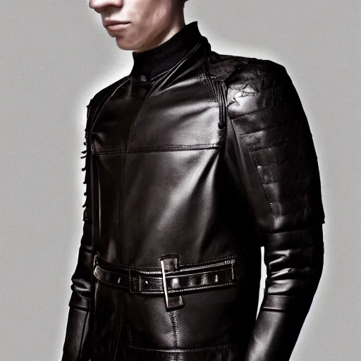 Prompt: a editorial photo of a male model wearing a alexander mcqueen medieval short leather menswear jacket