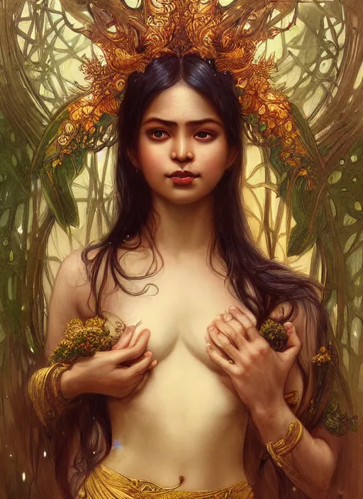 Image similar to kuntilanak on bayan tree, d & d, wet, shiny, fantasy, intricate, baroque, elegant, higly detailed, dramatically art, ultra definition, digital painting, artstation, concept art, smooth, sharp focus, illustration, art by artgerm and greg rutkowski and alphonse mucha and garis edelweiss and alex flores