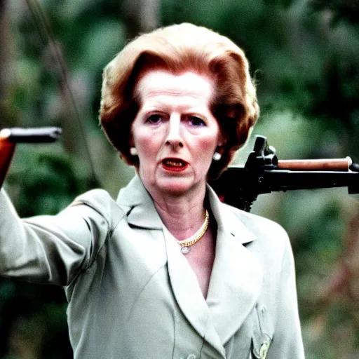 Image similar to A movie still of Margaret Thatcher as Rambo in Rambo First Blood (1982)